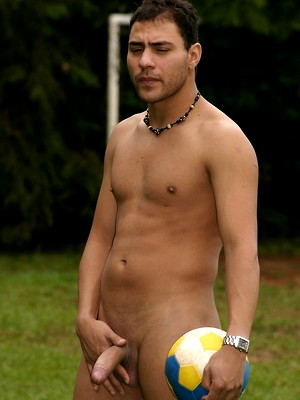 Gay porn pics Gay soccer player strips fully naked & jerks his erect dick on the field