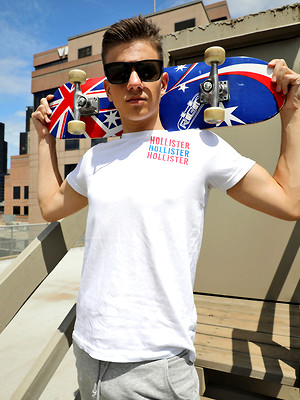 Gay male in Hung Aussie boy Connor Peters naked on the Bentley Race roof