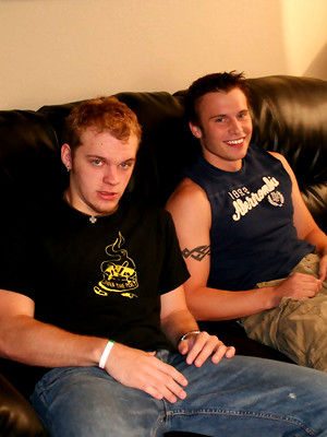 Hot twinks porn pics - Amateur gays with huge pricks Denny and Jake jack off on a couch