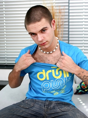 Gay boys pics - Tattooed hairy boy Brez stroking his hard cock.