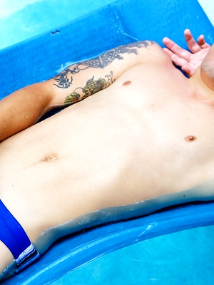 Hot gay sex pics with Scotty in Blue Swimsuit