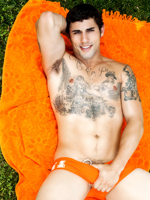 Gay sex pics with Brunette stud Jimmy Clay strokes dick