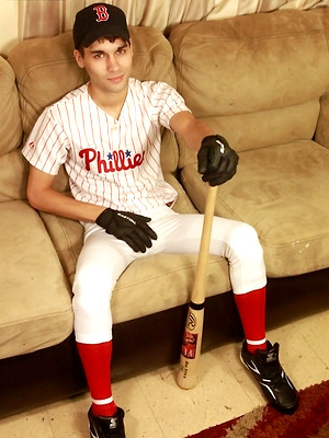 Hot gay sex pics with Athletic stud London Sawyer jerks off after baseball game.