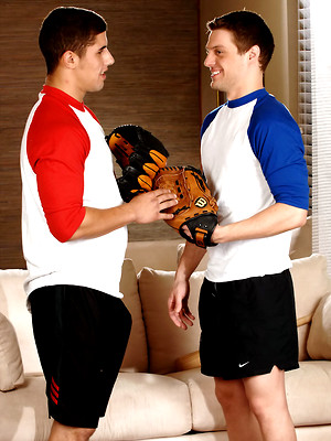 Gay sex pics with Baseball coach Andrew Blue kneels down and blows off pitcher Jimmy Clay