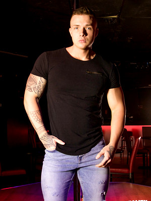 Gay porn pics Handsome ripped Theo strips on a dancing pole and shows his big cock