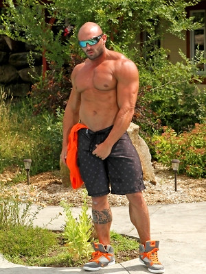 Gay porn pics Muscular gay lovers Marko Lebeau and Max Chevalier fuck hard by the pool