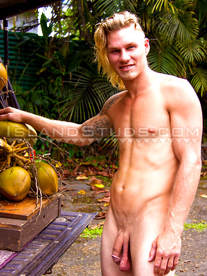 Free gay porn pics with Coconut Calvin: Smooth Hung Nudist Muscle Jock Whacks Coconuts and Busts a Huge Creamy Load!